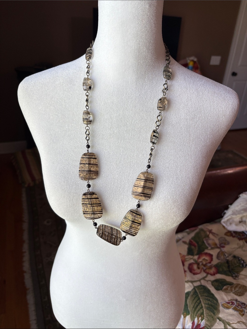 14.5” Long Striped Gold & Black Bead Necklace - Women Jewelry